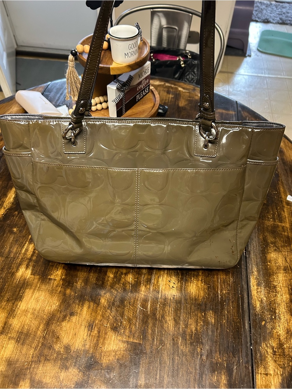 Coach Patent Leather Olive-Tone Tote with Brown Straps